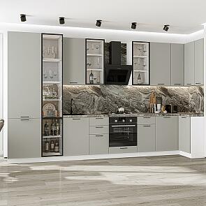 Кухня угловая Флэт-05 Light Grey In 2S/Белый Полки ЛДСП 2340*4000/1000*600