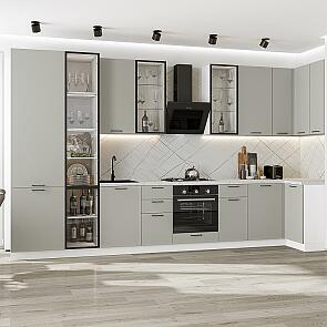 Кухня угловая Флэт-05 Light Grey In 2S/Белый Полки Стекло 2340*4000/1000*600