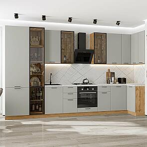 Кухня угловая Флэт-05 Light Grey In 2S/Дуб Вотан Полки Стекло 2340*4000/1000*600