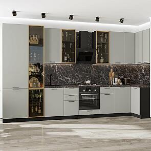 Кухня угловая Флэт-05 Light Grey In 2S/Graphite Полки ЛДСП 2340*4000/1000*600