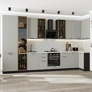 Кухня угловая Флэт-05 Light Grey In 2S/Graphite Полки Стекло 2340*4000/1000*600