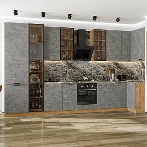 Кухня угловая Флэт-05 Temple Stone 2S/Дуб Вотан Полки ЛДСП 2340*4000/1000*600