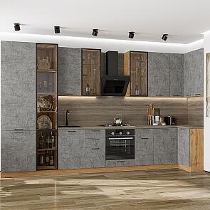 Модульный кухонный гарнитур Флэт-05 Temple Stone 2S/Дуб Вотан 2340x4000/1000x600 Полки стекло