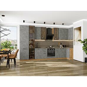 Модульный кухонный гарнитур Флэт-05 Temple Stone 2S/Дуб Вотан 2340x4000/1000x600 Полки стекло