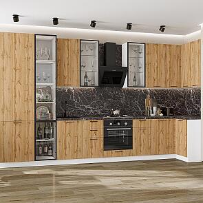 Модульный кухонный гарнитур Флэт-05 Wotan Oak 2S/Белый 2340x4000/1000x600 Полки стекло