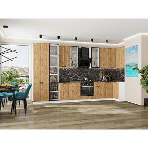Модульный кухонный гарнитур Флэт-05 Wotan Oak 2S/Белый 2340x4000/1000x600 Полки стекло