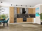 Модульный кухонный гарнитур Флэт-05 Wotan Oak 2S/Белый 2340x4000/1000x600 Полки стекло