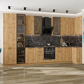 Кухня угловая Флэт-05 Wotan Oak 2S/Дуб Вотан Полки Стекло 2340*4000/1000*600
