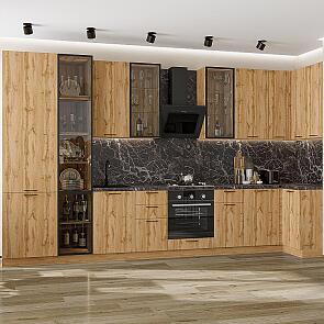 Модульный кухонный гарнитур Флэт-05 Wotan Oak 2S/Дуб Вотан 2340x4000/1000x600 Полки стекло