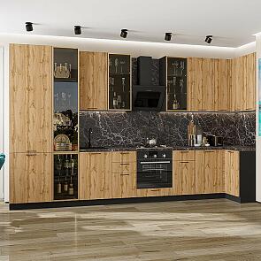 Кухня угловая Флэт-05 Wotan Oak 2S/Graphite Полки Стекло 2340*4000/1000*600