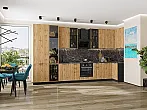 Модульный кухонный гарнитур Флэт-05 Wotan Oak 2S/Graphite 2340x4000/1000x600 Полки стекло