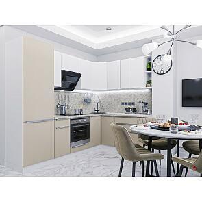 Модульный кухонный гарнитур Фьюжн-04 Silky White, Cream Silk/Белый 2140x2500x600