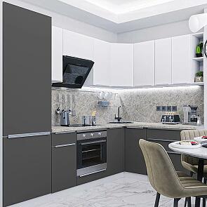 Модульный кухонный гарнитур Фьюжн-04 Silky White, Stormy Silk/Белый 2140x2500/1800x600