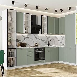 Кухня угловая Квадро-04 Аквамарин/Белый Полки ЛДСП 2340*3400/1600*600