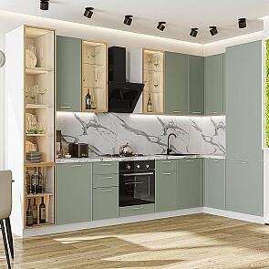 Кухня угловая Квадро-04 Аквамарин/Белый Полки Стекло 2340*3400/1600*600