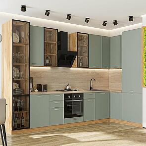Кухня угловая Квадро-04 Аквамарин/Дуб Вотан Полки ЛДСП 2340*3400/1600*600