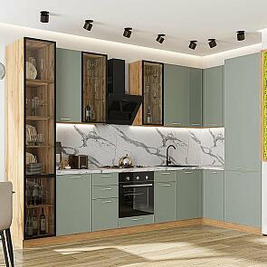 Кухня угловая Квадро-04 Аквамарин/Дуб Вотан Полки Стекло 2340*3400/1600*600