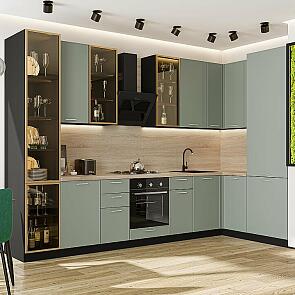 Кухня угловая Квадро-04 Аквамарин/Graphite Полки ЛДСП 2340*3400/1600*600