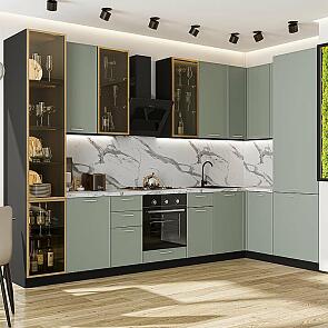 Кухня угловая Квадро-04 Аквамарин/Graphite Полки Стекло 2340*3400/1600*600