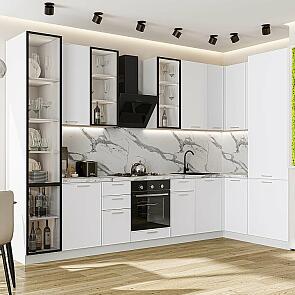 Кухня угловая Квадро-04 Белый/Белый Полки ЛДСП 2340*3400/1600*600