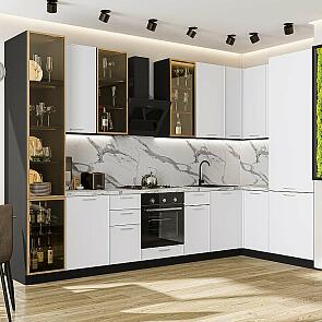Кухня угловая Квадро-04 Белый/Graphite Полки ЛДСП 2340*3400/1600*600