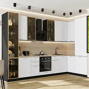 Кухня угловая Квадро-04 Белый/Graphite Полки Стекло 2340*3400/1600*600
