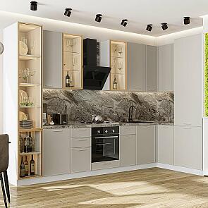 Кухня угловая Квадро-04 Кашемир/Белый Полки Стекло 2340*3400/1600*600