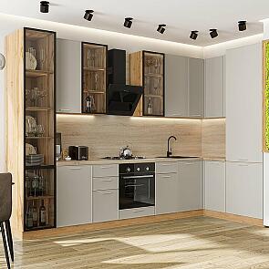 Кухня угловая Квадро-04 Кашемир/Дуб Вотан Полки ЛДСП 2340*3400/1600*600