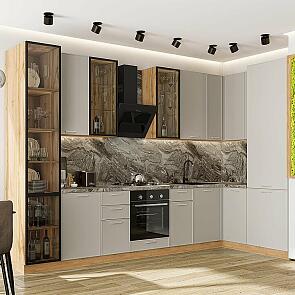 Кухня угловая Квадро-04 Кашемир/Дуб Вотан Полки Стекло 2340*3400/1600*600