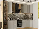 Модульный кухонный гарнитур Квадро-04 Кашемир/Дуб Вотан 2340x3400/1600x600 Полки стекло