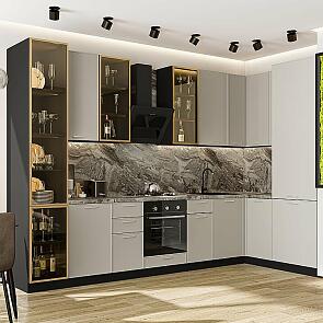 Кухня угловая Квадро-04 Кашемир/Graphite Полки ЛДСП 2340*3400/1600*600
