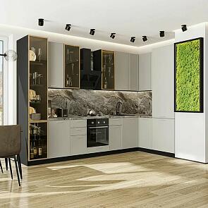 Модульный кухонный гарнитур Квадро-04 Кашемир/Graphite 2340x3400/1600x600 Полки стекло