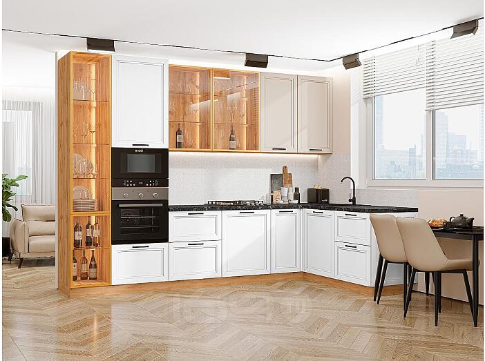Модульный кухонный гарнитур Нео-04 Cream Silk, White Silk/Дуб Вотан 2340x3200/1800x600