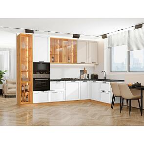 Модульный кухонный гарнитур Нео-04 Cream Silk, White Silk/Дуб Вотан 2340x3200/1800x600