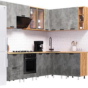 Кухонный гарнитур Рио NEW Бетон светлый/Дуб крафт 2138x2800/1600x600 (Дуб вотан)