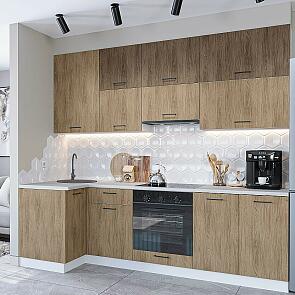 Модульный кухонный гарнитур Флэт-04 Brown Casella Oak 2S, Natural Casella Oak 2S/Белый 2340x1000/2500x600