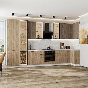 Модульный кухонный гарнитур Флэт-05 Brown Casella Oak 2S, Natural Casella Oak 2S/Белый 2340x4000/1000x600 Полки стекло