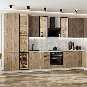 Модульный кухонный гарнитур Флэт-05 Brown Casella Oak 2S, Natural Casella Oak 2S/Белый 2340x4000/1000x600 Полки стекло