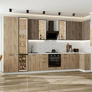 Модульный кухонный гарнитур Флэт-05 Brown Casella Oak 2S, Natural Casella Oak 2S/Белый 2340x4000/1000x600 Полки стекло