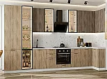 Модульный кухонный гарнитур Флэт-05 Brown Casella Oak 2S, Natural Casella Oak 2S/Белый 2340x4000/1000x600 Полки стекло