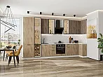 Модульный кухонный гарнитур Флэт-05 Brown Casella Oak 2S, Natural Casella Oak 2S/Белый 2340x4000/1000x600 Полки стекло