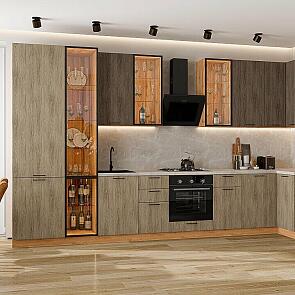 Модульный кухонный гарнитур Флэт-05 Brown Casella Oak 2S, Natural Casella Oak 2S/Дуб Вотан 2340x4000/1000x600 Полки стекло