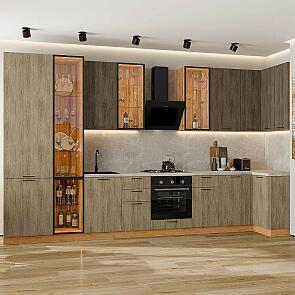 Модульный кухонный гарнитур Флэт-05 Brown Casella Oak 2S, Natural Casella Oak 2S/Дуб Вотан 2340x4000/1000x600 Полки стекло