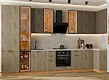 Модульный кухонный гарнитур Флэт-05 Brown Casella Oak 2S, Natural Casella Oak 2S/Дуб Вотан 2340x4000/1000x600 Полки стекло