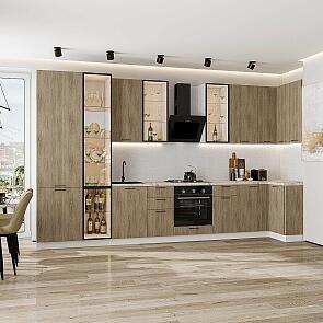 Модульный кухонный гарнитур Флэт-05 Natural Casella Oak 2S/Белый 2340x4000/1000x600 Полки стекло