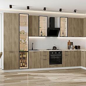 Модульный кухонный гарнитур Флэт-05 Natural Casella Oak 2S/Белый 2340x4000/1000x600 Полки стекло