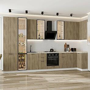 Модульный кухонный гарнитур Флэт-05 Natural Casella Oak 2S/Белый 2340x4000/1000x600 Полки стекло
