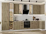 Модульный кухонный гарнитур Флэт-05 Natural Casella Oak 2S/Белый 2340x4000/1000x600 Полки стекло