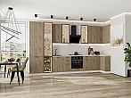 Модульный кухонный гарнитур Флэт-05 Natural Casella Oak 2S/Белый 2340x4000/1000x600 Полки стекло