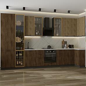 Модульный кухонный гарнитур Флэт-05 Natural Casella Oak 2S, Brown Casella Oak 2S/Graphite 2340x4000/1000x600 Полки стекло